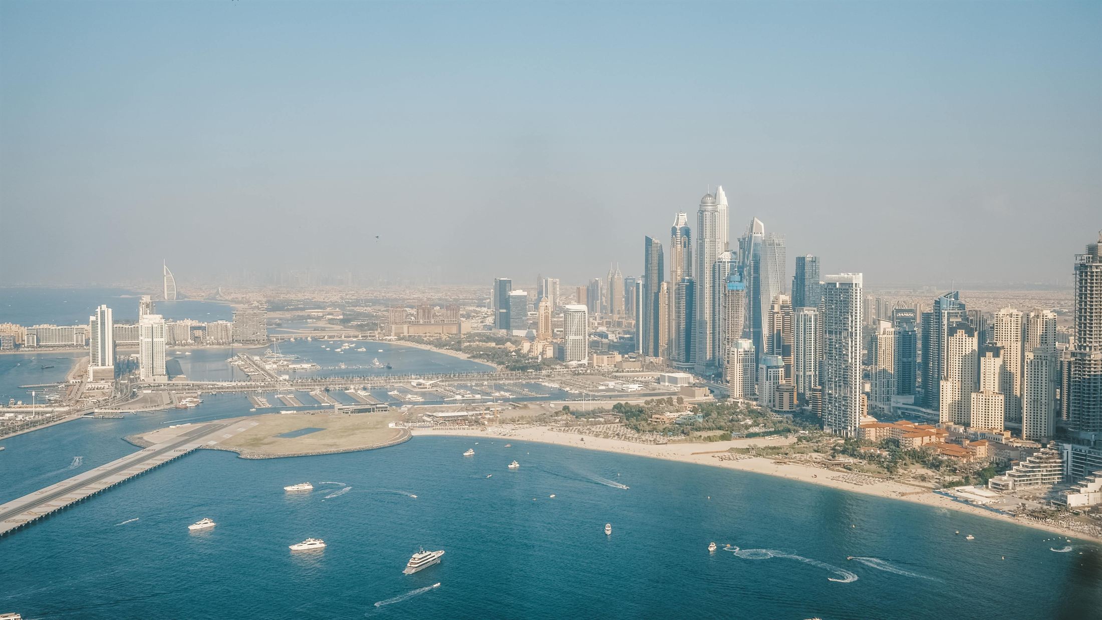 Aerial view of Dubai Marina, Palm Jumeirah, and the Burj Al Arab